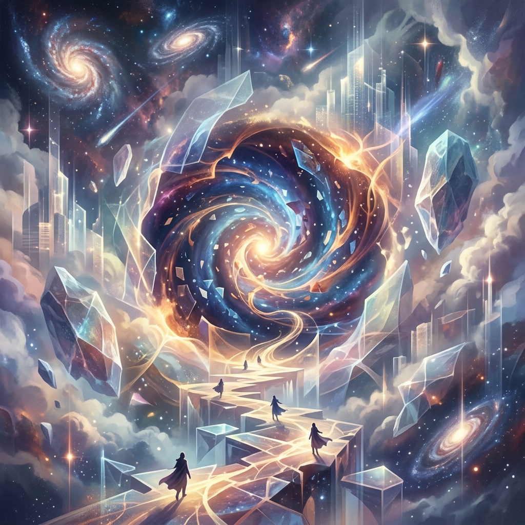 Silhouetted travelers approaching a glowing cosmic vortex on floating crystal paths