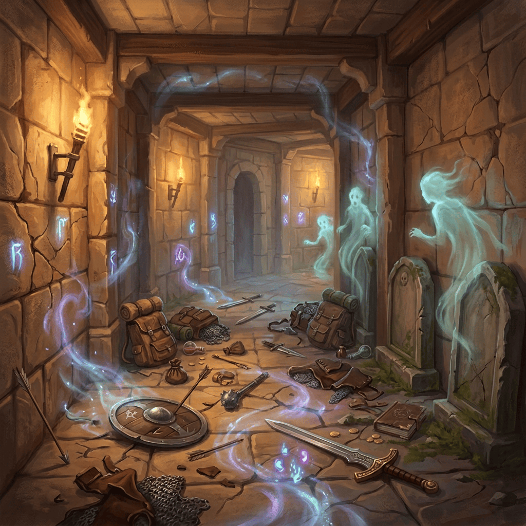 Adventurers exploring a haunted dungeon corridor with glowing ghosts