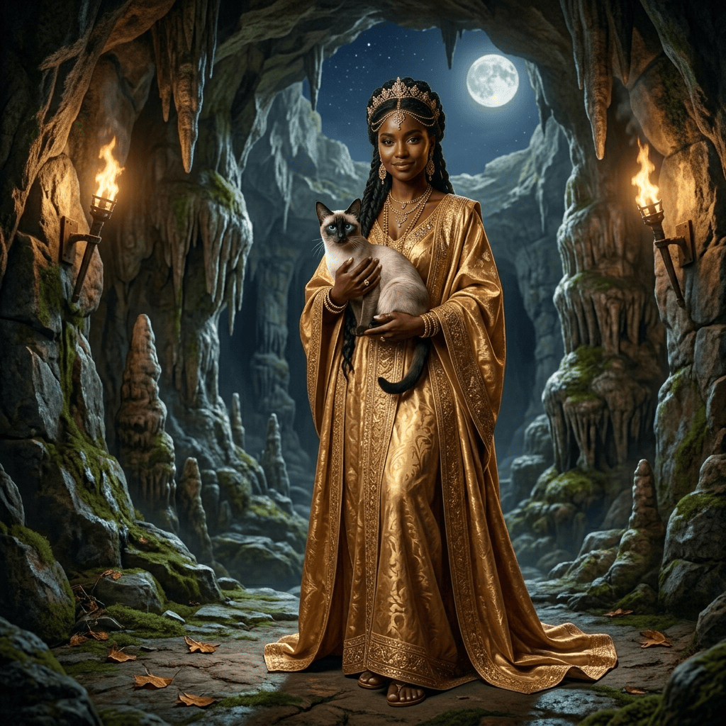Woman in gold gown holding a Siamese cat inside a torchlit cavern