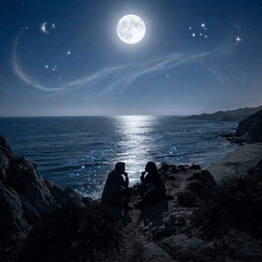 Two people talking on a rocky coast beneath a bright moon