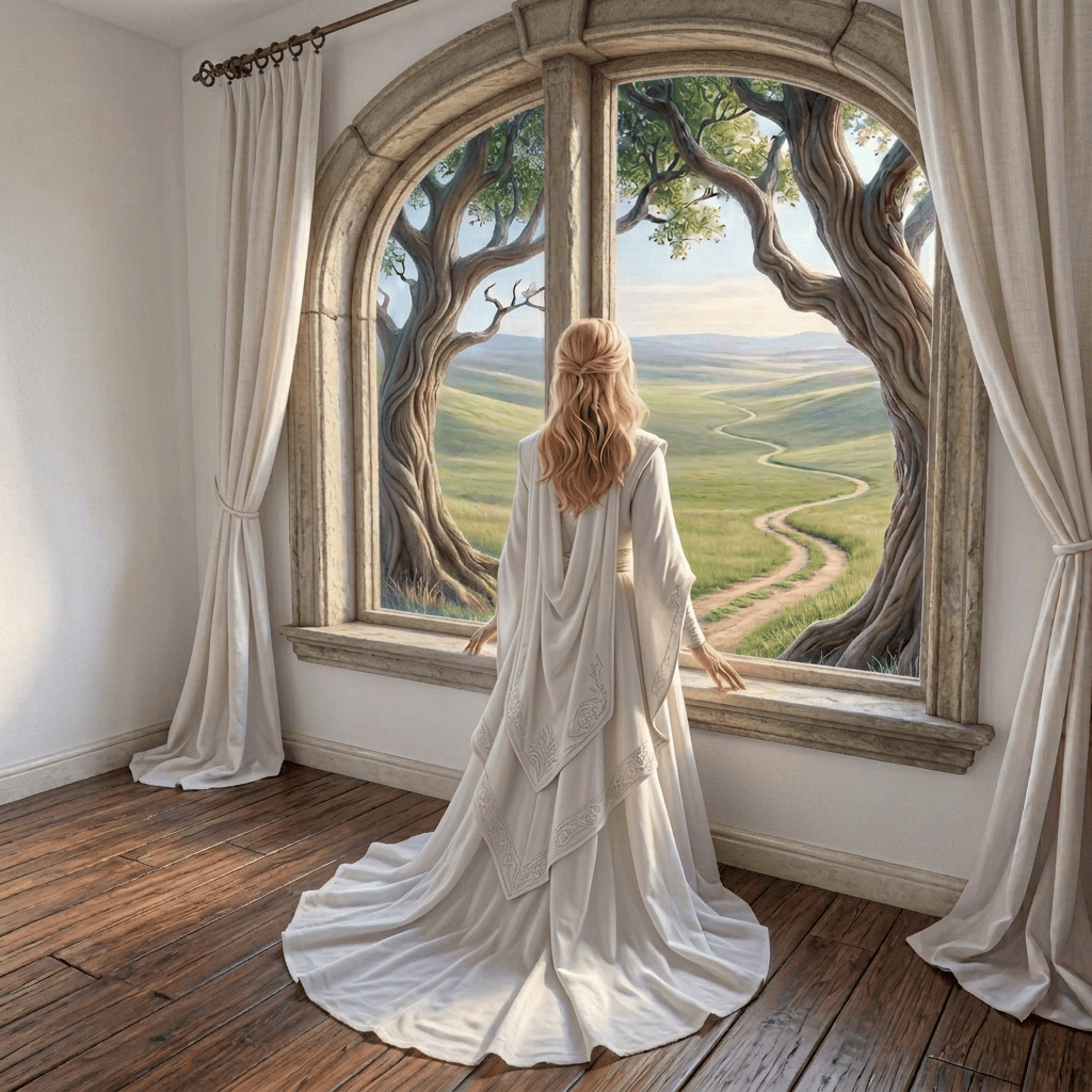 Woman standing beside a sunny window overlooking trees and houses