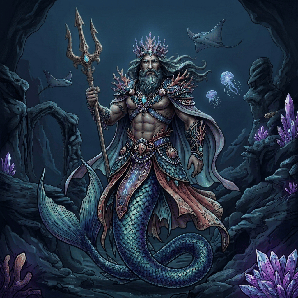 Mermaid king with trident surrounded by coral, fish, and underwater palace