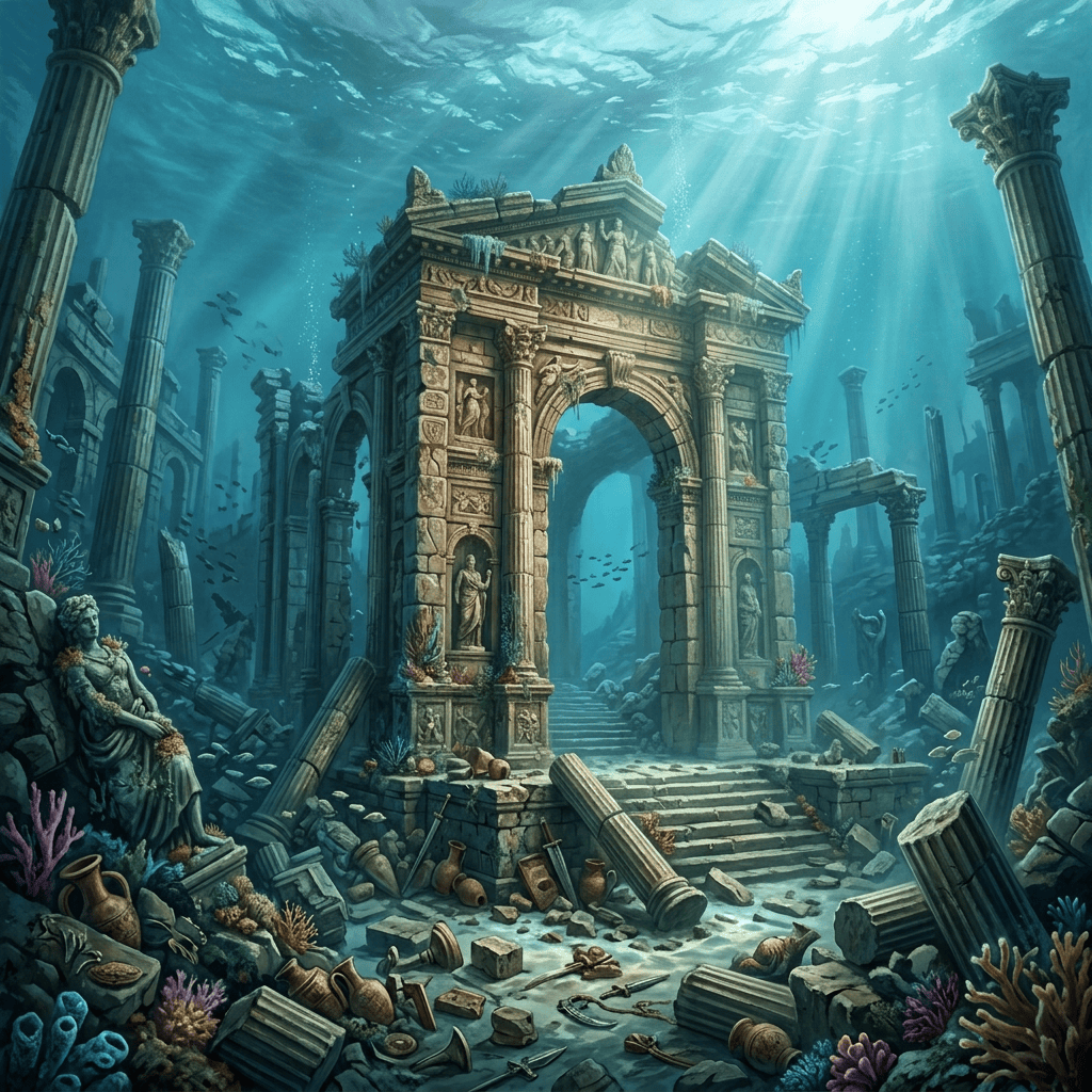 Divers restoring an ornate Roman arch in a sunken underwater city